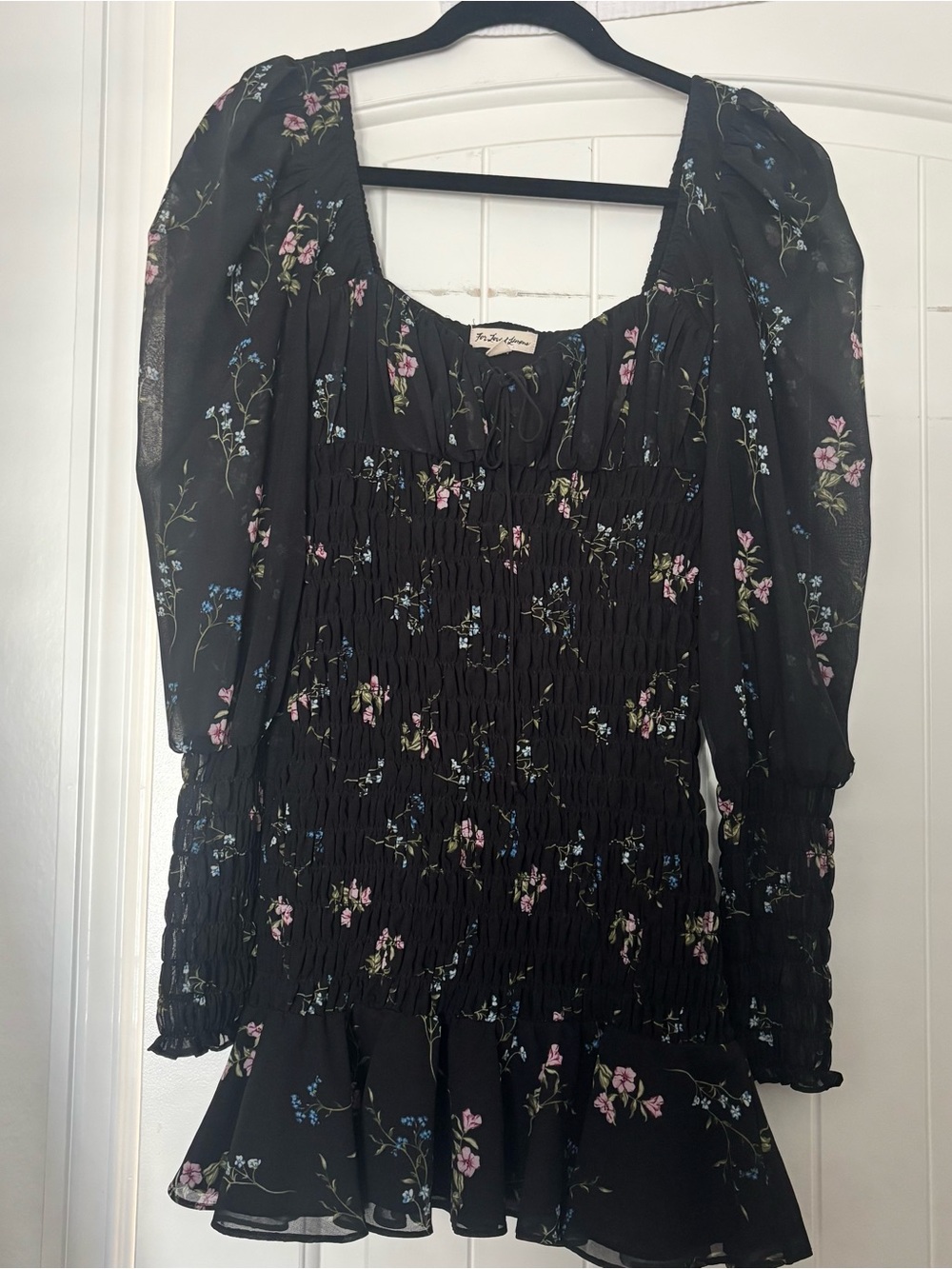 For Love & Lemons Black Floral Smocked Mini Dress